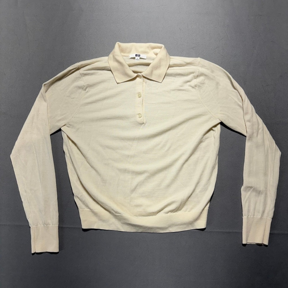 Uniqlo Mens 100% Wool Long Sleeve Polo Sweater Cream Off-White L 251-478333